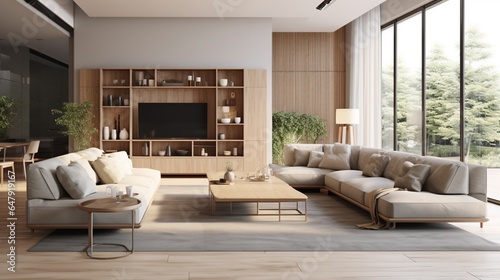 Modern luxury living room interior - 3d render with gray and beige colored furniture and wooden elements 8k,
