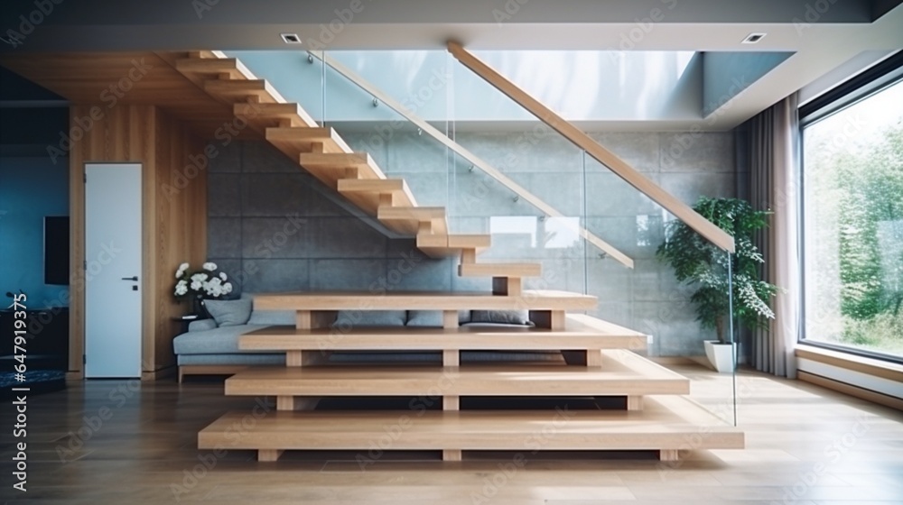 Modern natural ash tree wooden stairs in new house interior. Stairs architecture interior design of contemporary, Modern house building stairway. Luxury fashionable modern design studio apartment. 8k, - obrazy, fototapety, plakaty 