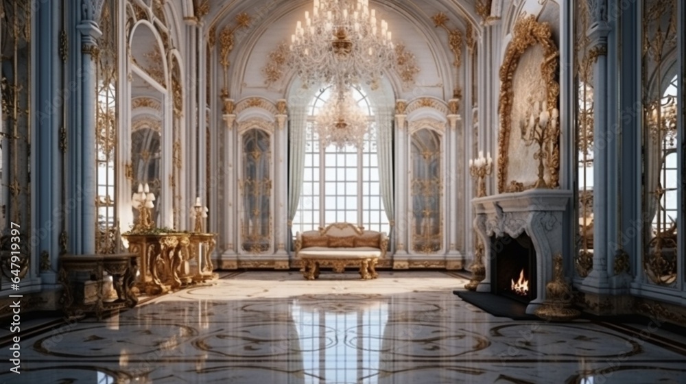 Luxurious vintage interior with fireplace in the aristocratic style. Large Windows and mirrors. Columns and arches, ornament on the glossy floor 8k, - obrazy, fototapety, plakaty 