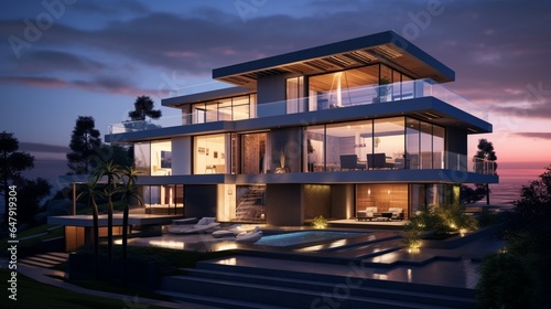 Modern multilevel house exterior at dusk 8k,