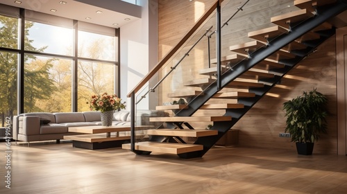 Vászonkép Modern natural ash tree wooden stairs in new house interior 8k,