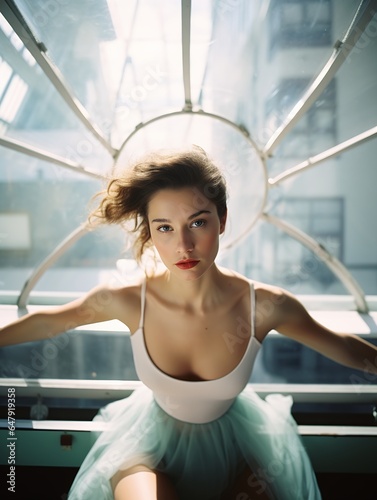 woman white top green tutu skirt design milk natural rooftop large format young vintage technicolor supra uniquely pale bluish skin ballet photo