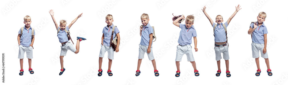 Fototapeta premium Schoolboy boy with a backpack in different poses. Training and knowledge. Collage, set. Isolated on a white background. Full height. Panorama format.