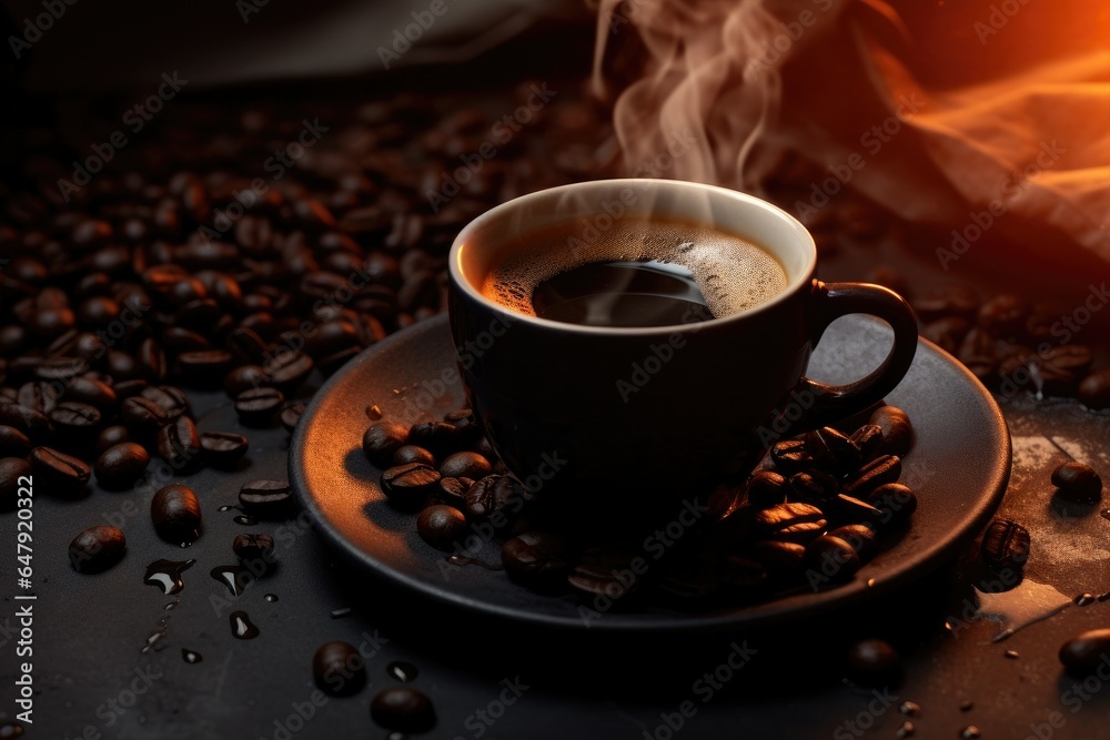 cup of coffee with beans on dark background cup of coffee with beans on dark background