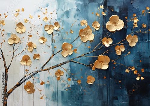 tree gold leaves blue background princess staples large opaque blossoms glittering metal paint photo