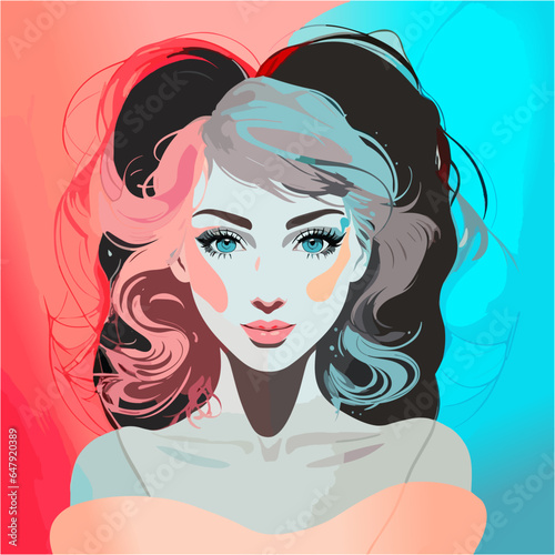 Stylized image of a woman with long wavy hair against the abstract background. A girl with multi-colored hair. Vector illustration.