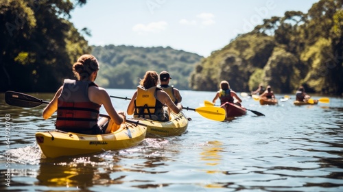 Gather of cheerful individuals on a kayaks