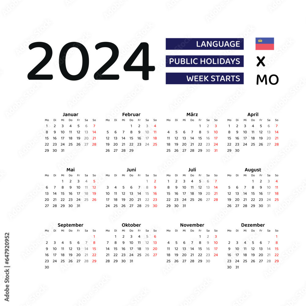 Liechtenstein calendar 2024. Week starts from Monday. Vector graphic design. German language.