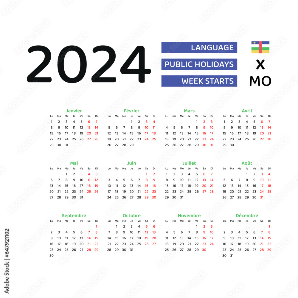 Central African Republic Calendar 2024. Week starts from Monday. Vector graphic design. French language.
