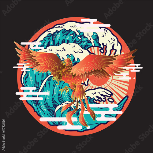 phoenix illustration with japanese style background