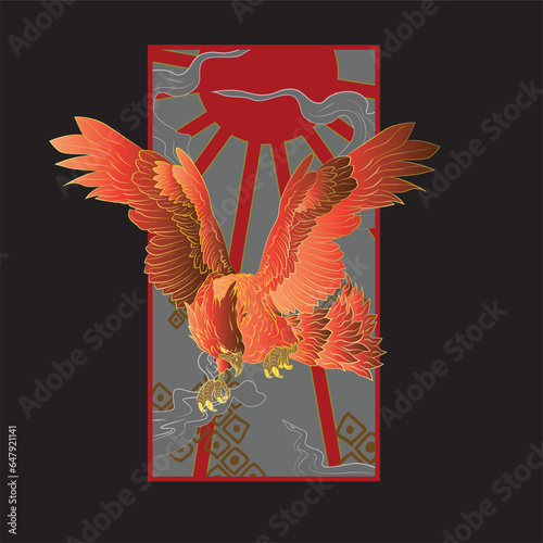 phoenix illustration with japanese style background