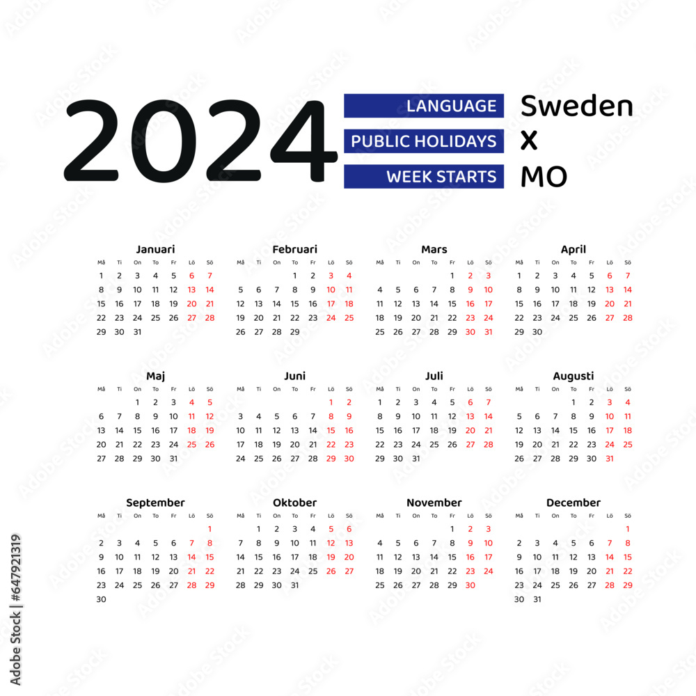 Calendar 2024 Swedish language with Sweden public holidays. Week starts