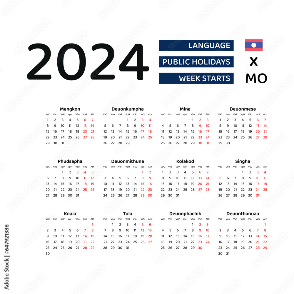 Laos calendar 2024. Week starts from Monday. Vector graphic design. Lao
