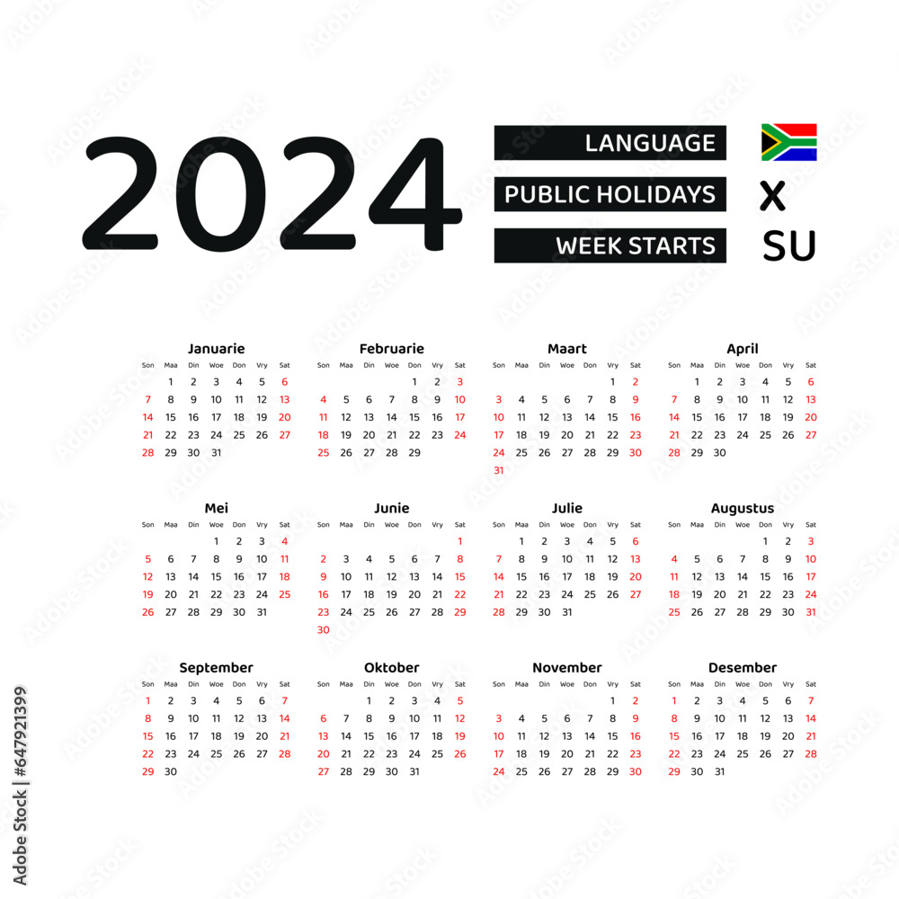 Calendar 2024 Afrikaans language with South Africa public holidays