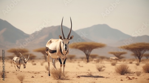 Gemsbok or south african oryx touching on bone-dry arrive in amazingly dry parched districts of southern africa with mountains in foundation photo