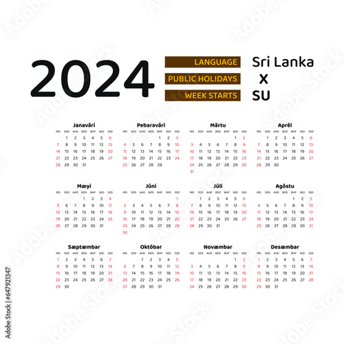 Sri Lanka Calendar 2024. Week starts from Sunday. Vector graphic design. Sinhala language.