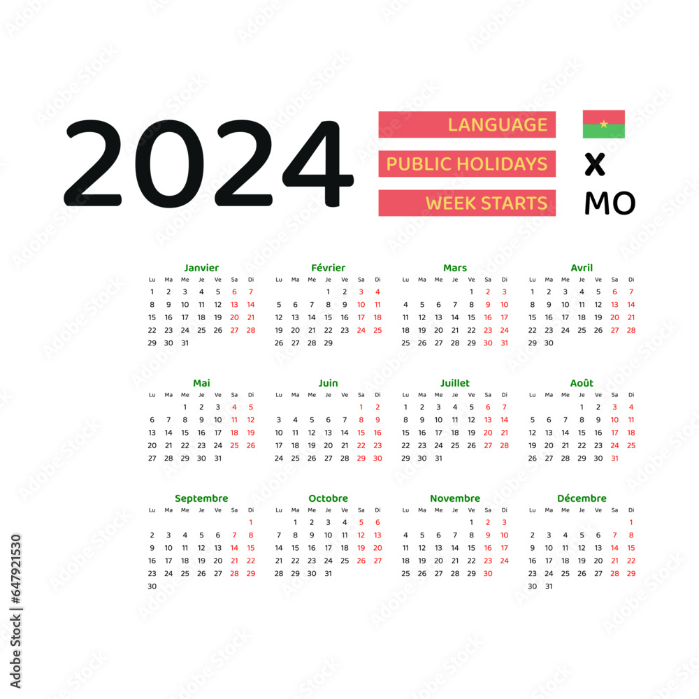 Burkina Faso Calendar 2024. Week starts from Monday. Vector graphic design. French language. Burkina Faso Calendar 2024. Week starts from Monday. Vector graphic design. French language.