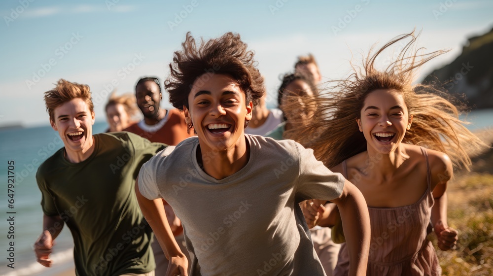 Getting a charge out of youth and opportunity Bunch of youthful cheerful individuals running along the shoreline and looking upbeat Getting a charge out of youth and opportunity Bunch of youthful cheerful individuals running along the shoreline and looking upbeat