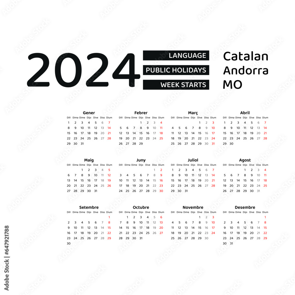 Andorra Calendar 2024. Week starts from Monday. Vector graphic design