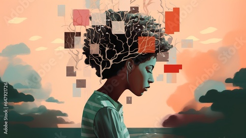 Mental health concept, a surrealistic portrait of a female figure. The woman appears to be floating amidst a series of abstract square shapes, suggesting a sense of disconnection or disorientation.