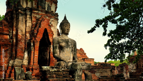 Wat Maha That in Ayutthaya mit schöner Buddha Statue vor roter Stupa neben altem Baum  photo