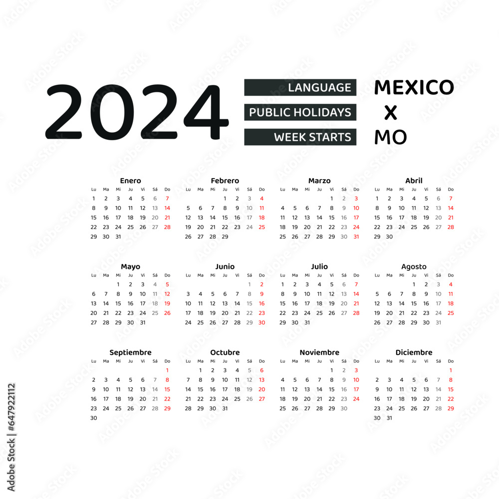 Mexico Calendar 2024 Week Starts From Monday Vector Graphic Design mexico-calendar-2024-week-starts-from-monday-vector-graphic-design