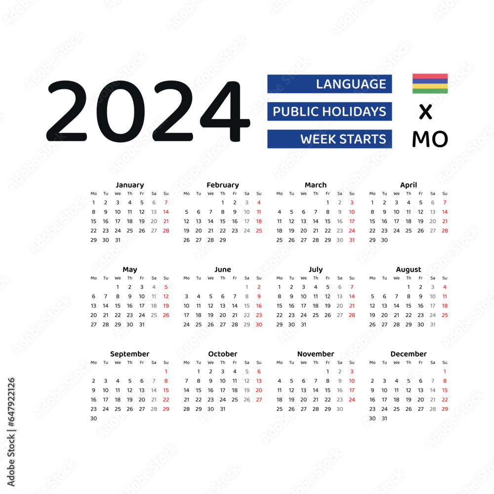 Mauritius Calendar 2024. Week starts from Monday. Vector graphic design. English language. Mauritius Calendar 2024. Week starts from Monday. Vector graphic design. English language.