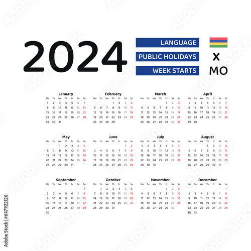 Mauritius Calendar 2024. Week starts from Monday. Vector graphic design. English language.