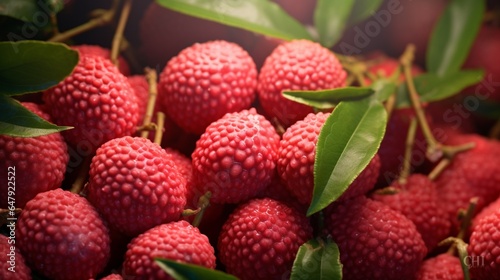 Create an elegant closeup of a cluster of sweet, juicy lychees in high resolution.