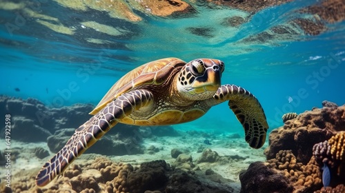 Green ocean turtle swimming over a coral reef near up Ocean turtles are getting to be debilitated due to illicit human exercises