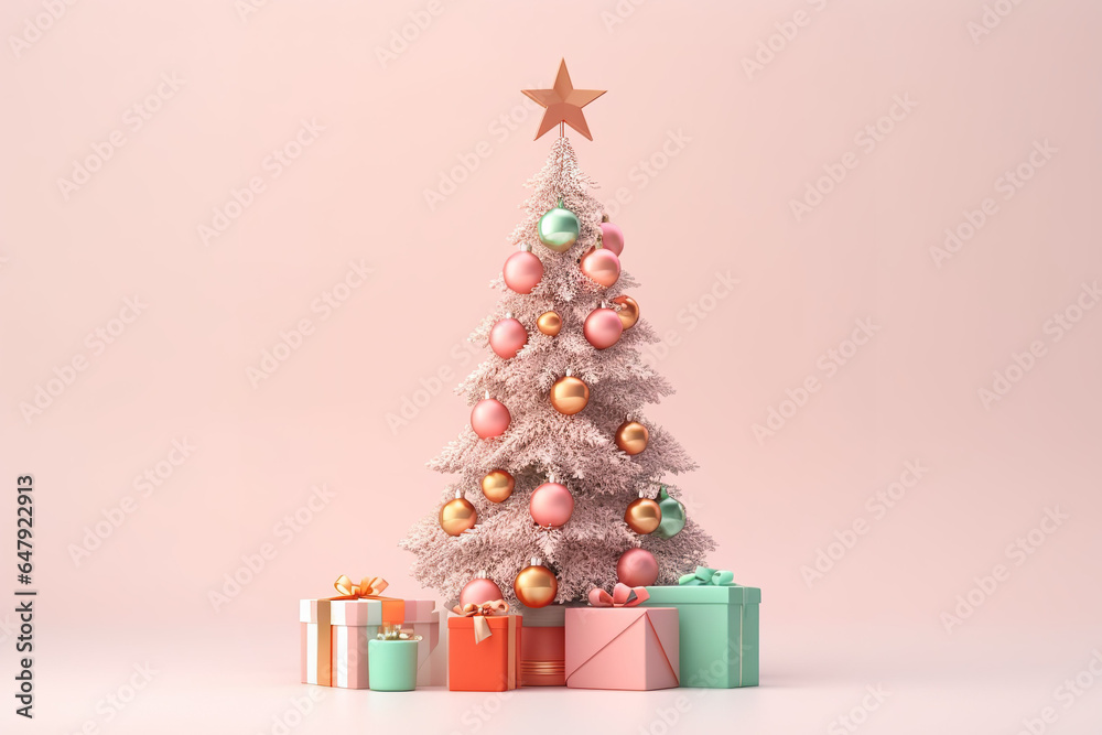 3D illustration of Christmas tree on pastel background. 