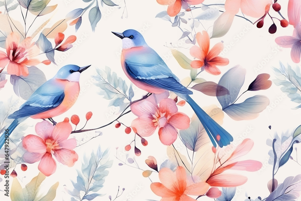 Wild flower and birds in colourful spring background. Hand drawn, watercolour style Wild flower and birds in colourful spring background. Hand drawn, watercolour style