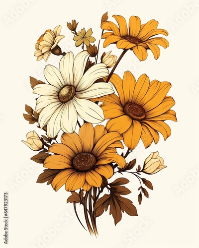 closeup flowers colored illustration brown yellow blacks daisies listing stencil well shaded unshaded sunshine dead plants bright design resin photo