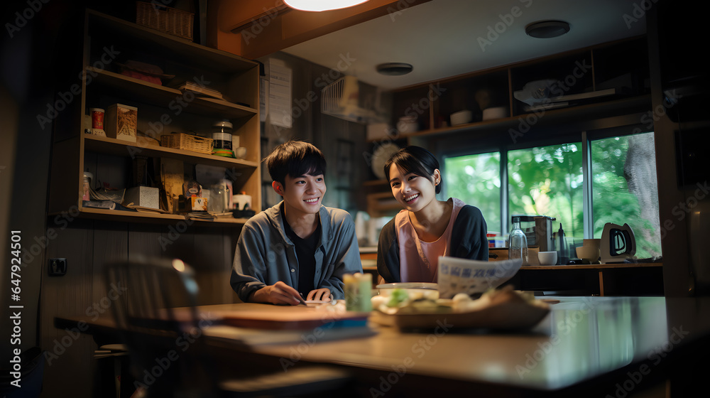 Young Thailand man and woman or boy and girl, standing next to each other in a kitchen, smiling, spending time together. They are happy together, doing stuff at home. Couple or brother and sister