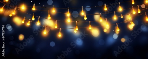 Realistic hanging Christmas lights garlands on dark blue background with effect bokeh Generative AI