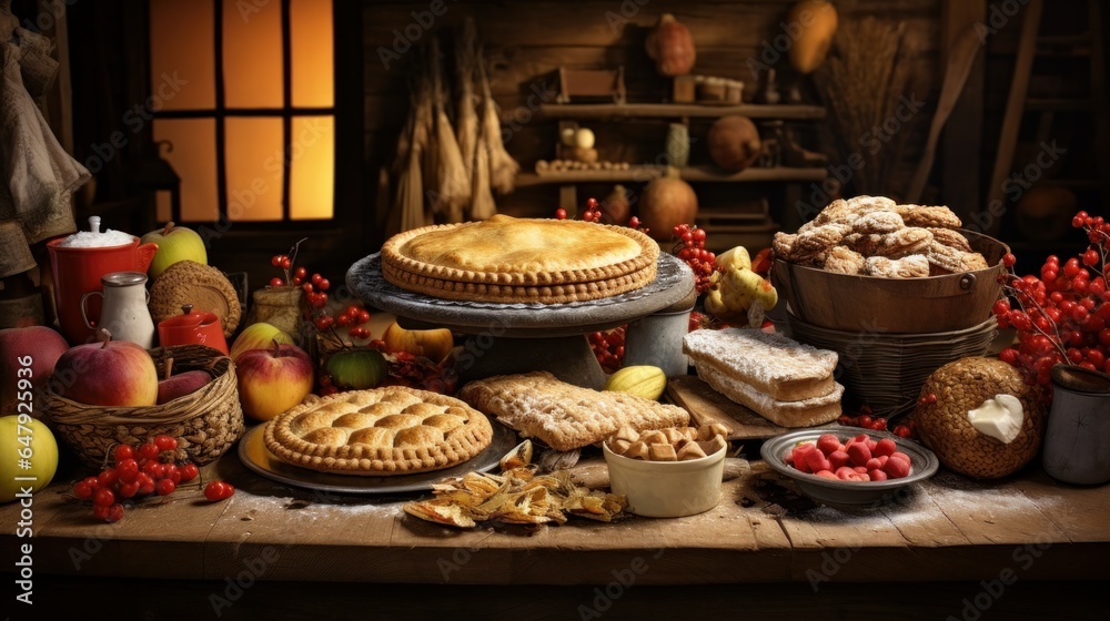 Harvest time nourishment concept Determination of pies appetizers and sweets Over see table scene over a natural wood foundation