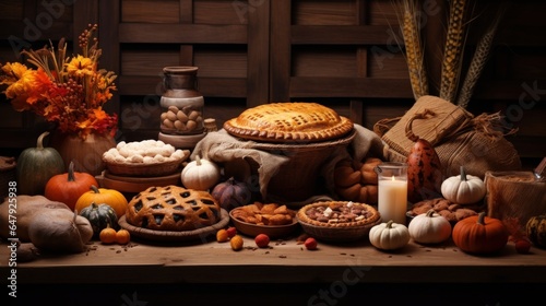 Harvest time nourishment concept Determination of pies appetizers and sweets Over see table scene over a natural wood foundation