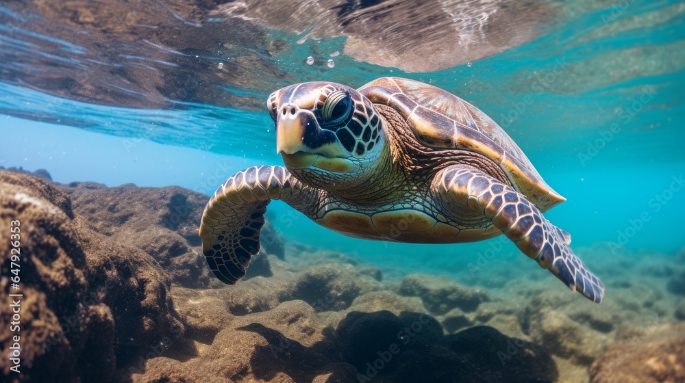 Fototapeta premium Hawaiian Green Ocean Turtle on a Scuba plunge in Maui