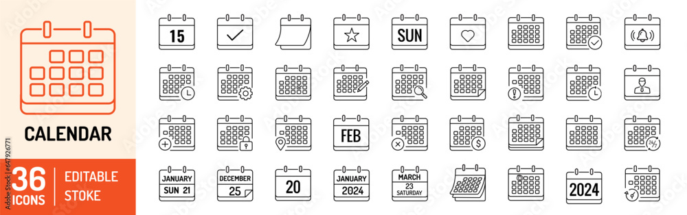 Calendar editable stroke outline Icons set. Planner, month, week, year, schedule, time, event, calendar, notification, reminder and appointment. Vector illustration Calendar editable stroke outline Icons set. Planner, month, week, year, schedule, time, event, calendar, notification, reminder and appointment. Vector illustration