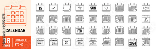 Calendar editable stroke outline Icons set. Planner, month, week, year, schedule, time, event, calendar, notification, reminder and appointment. Vector illustration