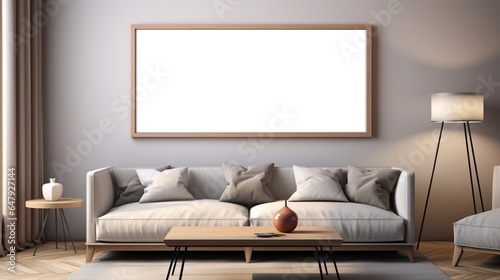 Create a stunning landscape in the blanked frame mockup on the wall in the modern living room. © PNG Transparent 