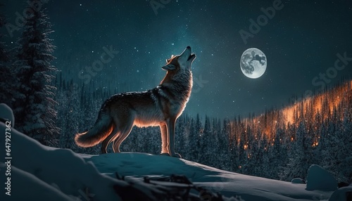 dog fox is howling in forest the full moon forest. Ai generate