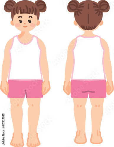 下着姿の女子小学生の全身　正面と背面