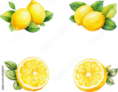 Lemons vector watercolor illustration set, Lemons 3D realistic icon