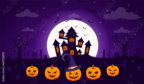 Vector Halloween illustration with a silhouette of a castle at glowing moon and dead trees near the cemetery crosses flat