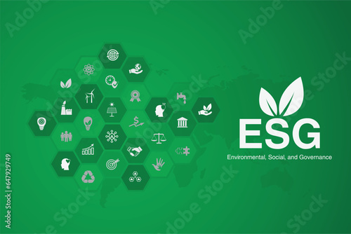 green gradient background with world map with ESG icon. concept of business trend. environmental, social, and governance in sustainable and ethical business