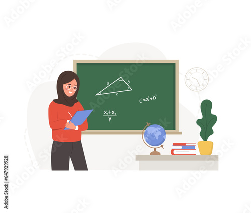 Muslim female teacher in classroom. Pedagogue in hijab at lecture at chalkboard. School and college concept. Vector illustration in flat cartoon style.