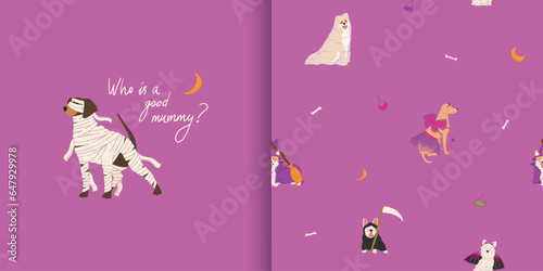 Halloween seamless pattern with dogs in cute halloween costumes. Greeting card with dog in mummy Halloween costume. Fairy, ghost, witch, bat and grim reaper. Trick or treat. Vector illustration. Ideal