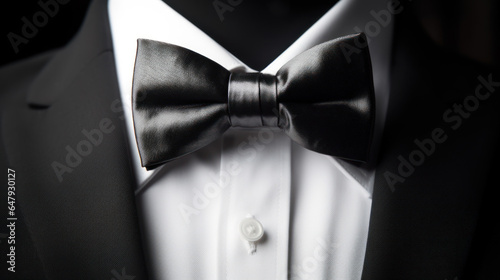 Tuxedo with bow tie isolated on black background, closeup