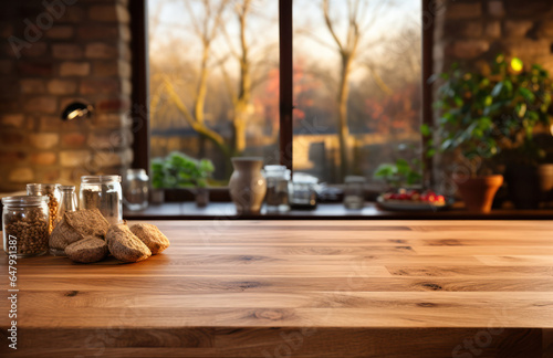 Empty Rustic Brown Wooden Countertop Mockup  Blank Table for Product Display  Wood Tabletop Template with Plants Decoration. Generative AI